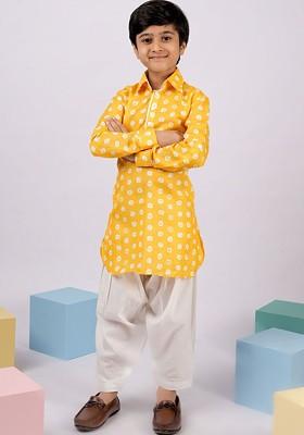 Yellow Printed Cotton Kurta Set For Boys