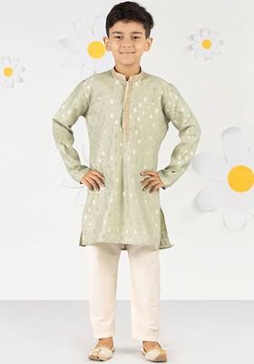 Green Woven Design Blended Kurta Set For Boys