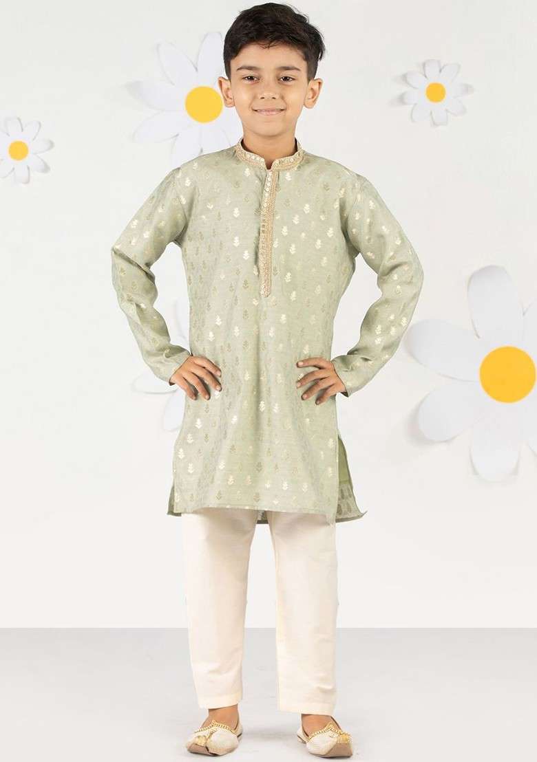 Green Woven Design Blended Kurta Set For Boys - Indya
