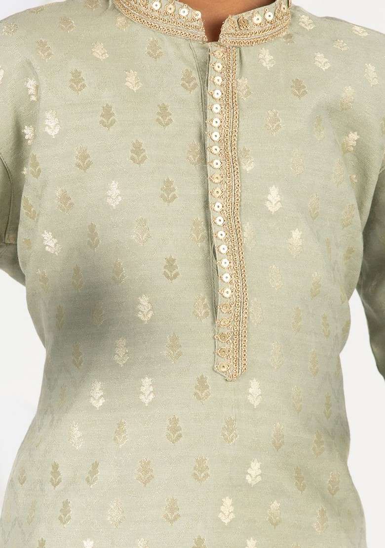 Green Woven Design Blended Kurta Set For Boys - Indya