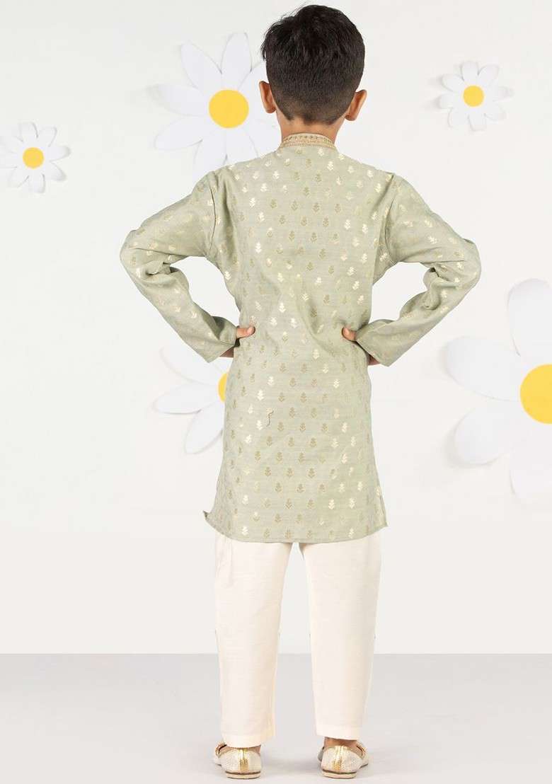 Green Woven Design Blended Kurta Set For Boys - Indya