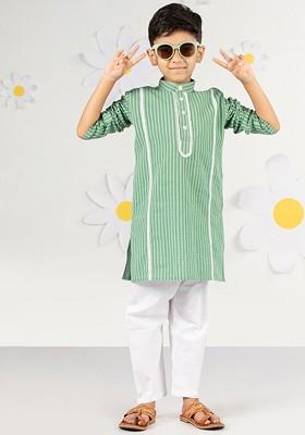 Green Embroidered Cotton Kurta Set For Boys