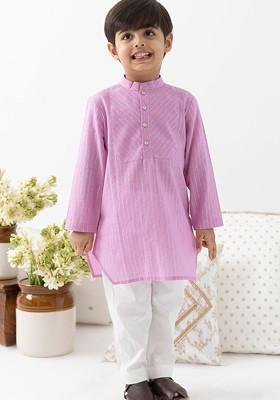 Purple Embroidered Blended Kurta Set For Boys