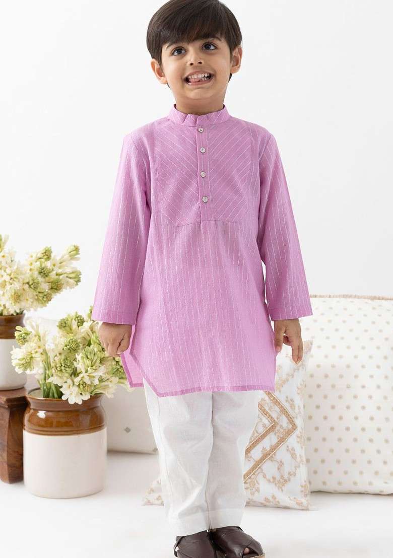 Purple Embroidered Blended Kurta Set For Boys - Indya