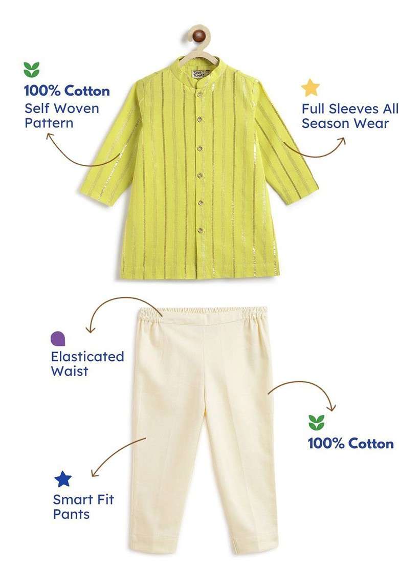 Green Embroidered Blended Kurta Set For Boys - Indya