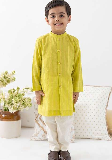 Green Embroidered Blended Kurta Set For Boys
