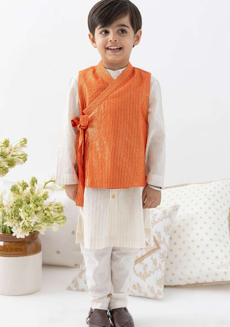 Orange Embroidered Blended Kurta Dhoti Set Wiith Jacket For Boys - Indya