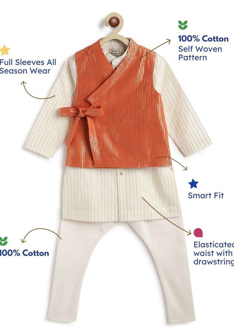 Orange Embroidered Blended Kurta Dhoti Set Wiith Jacket For Boys - Indya
