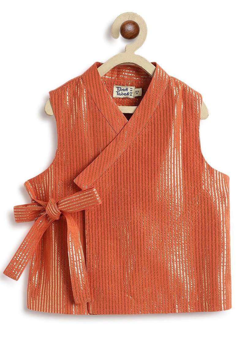 Orange Embroidered Blended Kurta Dhoti Set Wiith Jacket For Boys - Indya