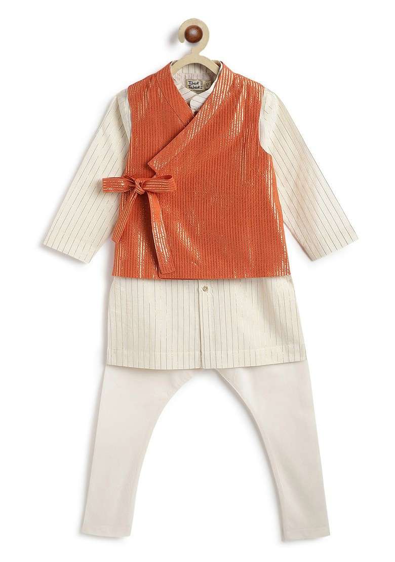 Orange Embroidered Blended Kurta Dhoti Set Wiith Jacket For Boys - Indya
