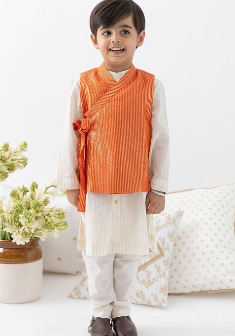 Orange Embroidered Blended Kurta Dhoti Set Wiith Jacket For Boys