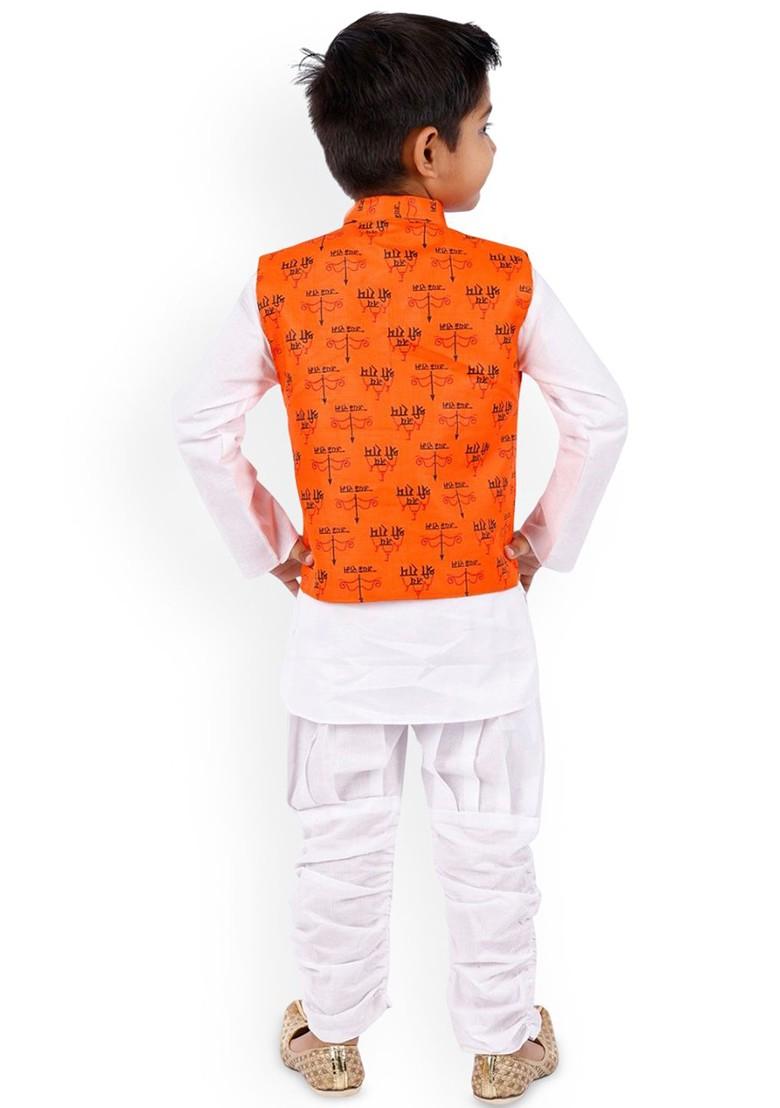 Orange Printed Blended Kurta Set For Boys - Indya