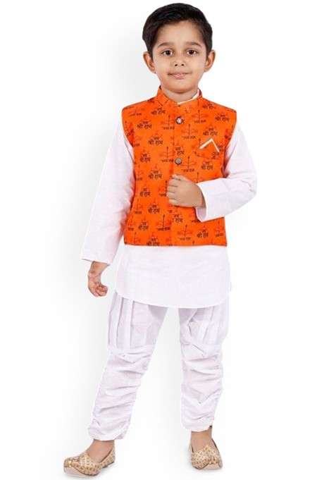 Orange Printed Blended Kurta Set For Boys
