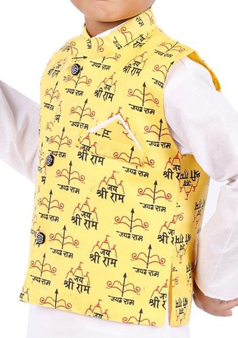 Yellow Solid Blended Kurta Set For Boys - Indya