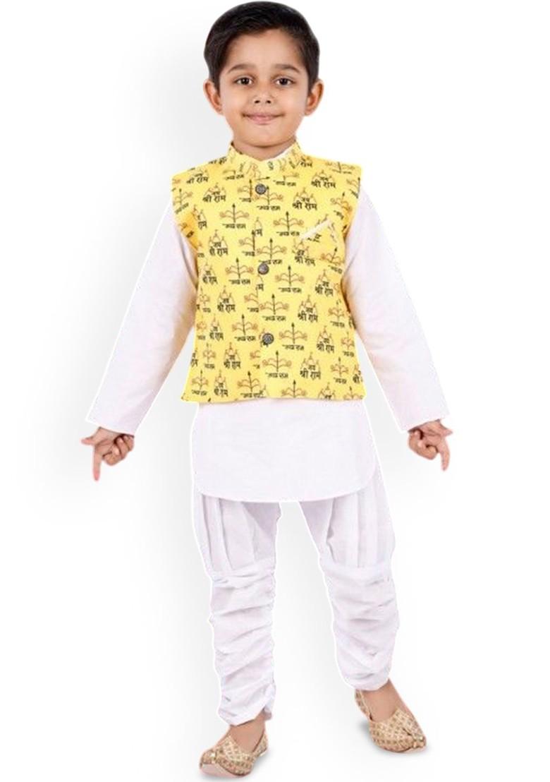 Yellow Solid Blended Kurta Set For Boys - Indya