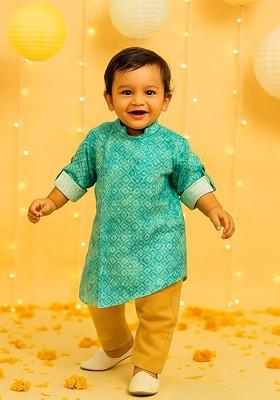 Blue Printed Blended Kurta Set For Boys