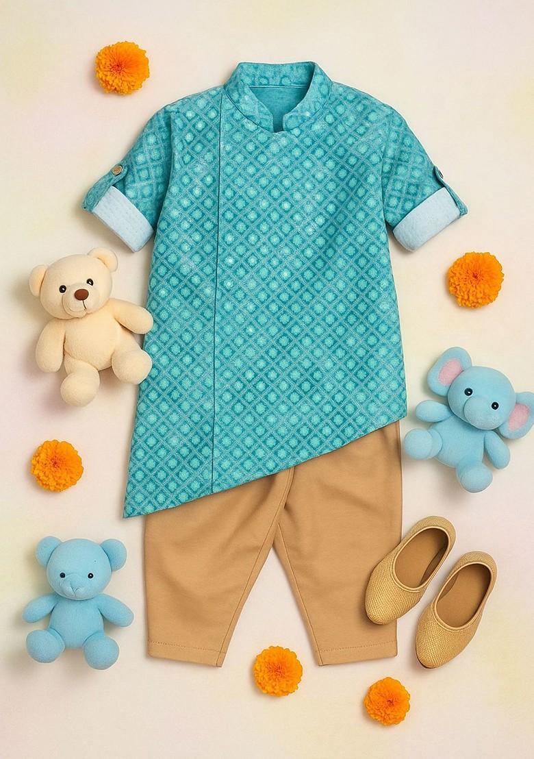 Blue Printed Blended Kurta Set For Boys - Indya