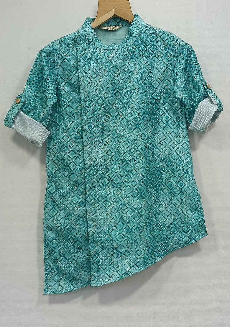Blue Printed Blended Kurta Set For Boys - Indya