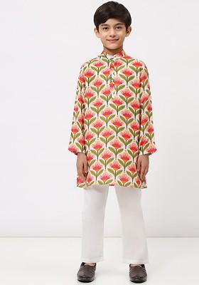 White Printed Blended Kurta Set For Boys