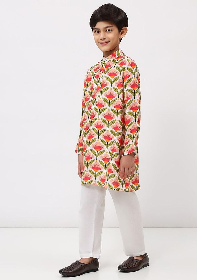 White Printed Blended Kurta Set For Boys - Indya