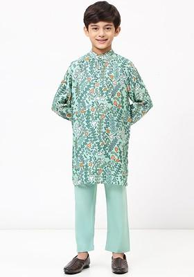 Green Printed Cotton Kurta Set For Boys