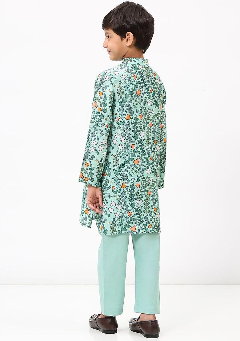 Green Printed Cotton Kurta Set For Boys - Indya