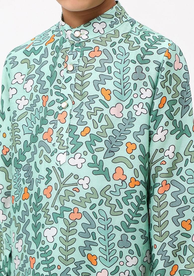 Green Printed Cotton Kurta Set For Boys - Indya