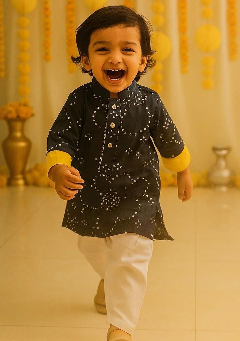 Navy Blue Embroidered Cotton Kurta Set For Boys - Indya