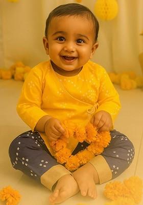 Yellow Printed Cotton Kurta Dhoti Set For Boys