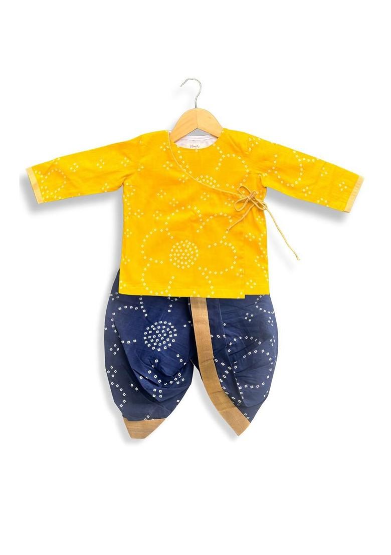 Yellow Printed Cotton Kurta Dhoti Set For Boys - Indya