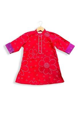 Red Embroidered Cotton Kurta Set For Boys