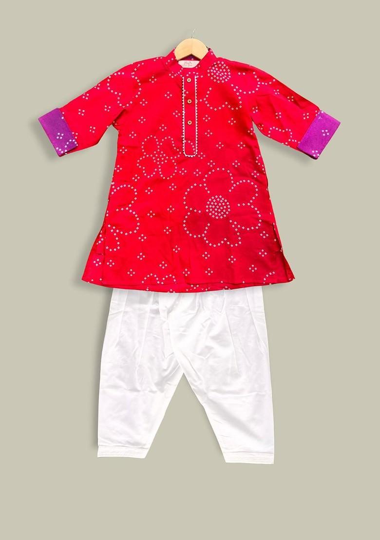 Red Embroidered Cotton Kurta Set For Boys - Indya