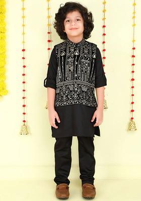 Black Embroidered Cotton Kurta Set For Boys
