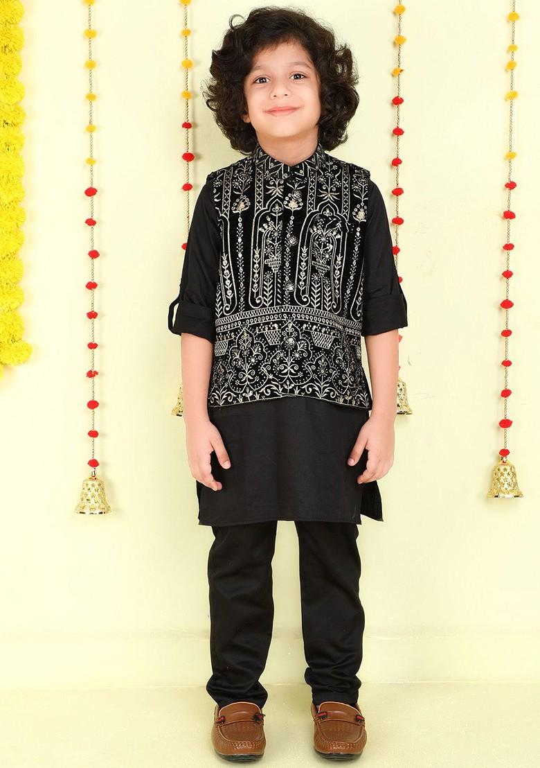 Black Embroidered Cotton Kurta Set For Boys - Indya