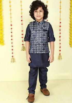 Navy Blue Printed Blended Kurta Set For Boys