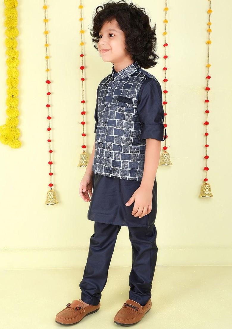 Navy Blue Printed Blended Kurta Set For Boys - Indya