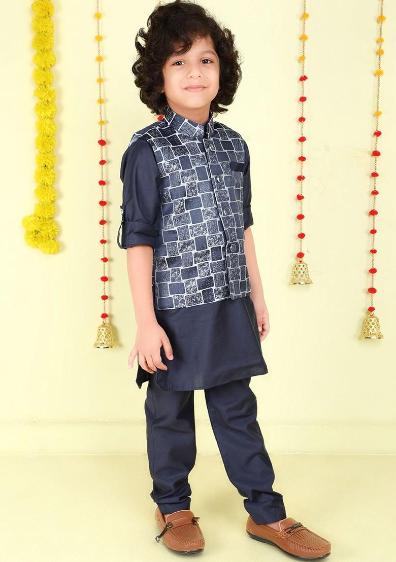 Navy Blue Printed Blended Kurta Set For Boys - Indya