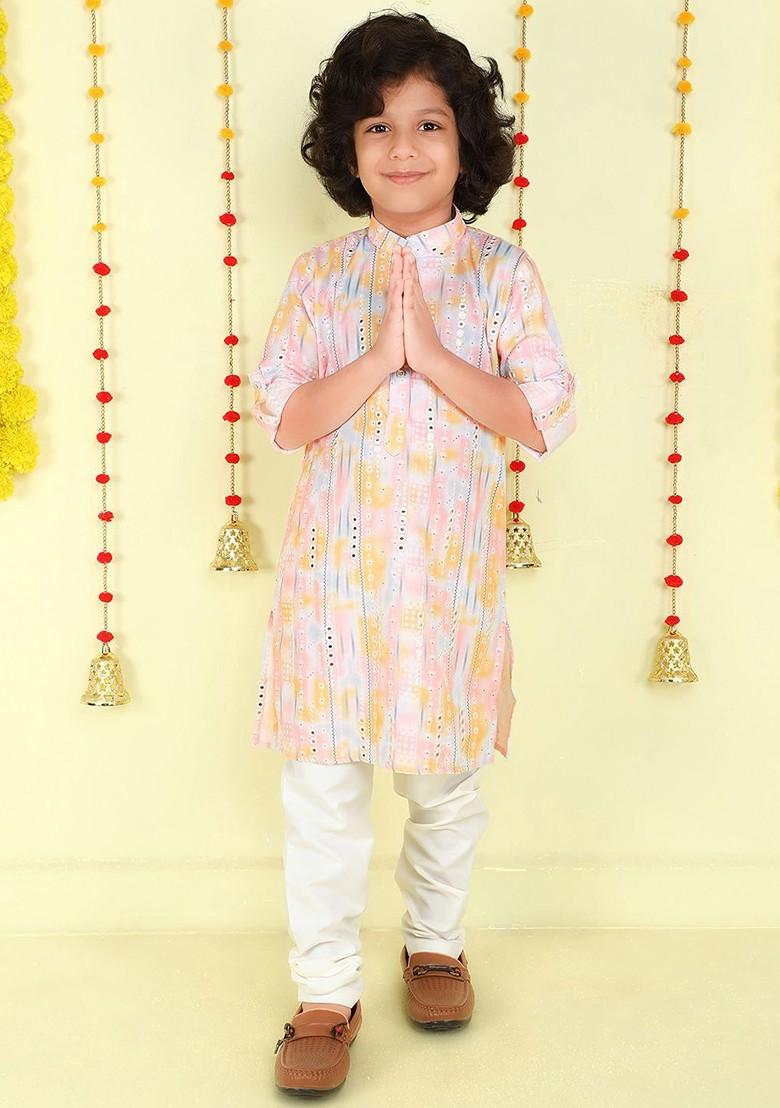 Pink Printed Blended Kurta Set For Boys - Indya
