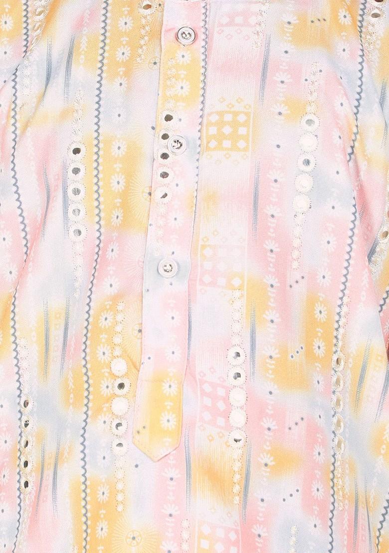 Pink Printed Blended Kurta Set For Boys - Indya
