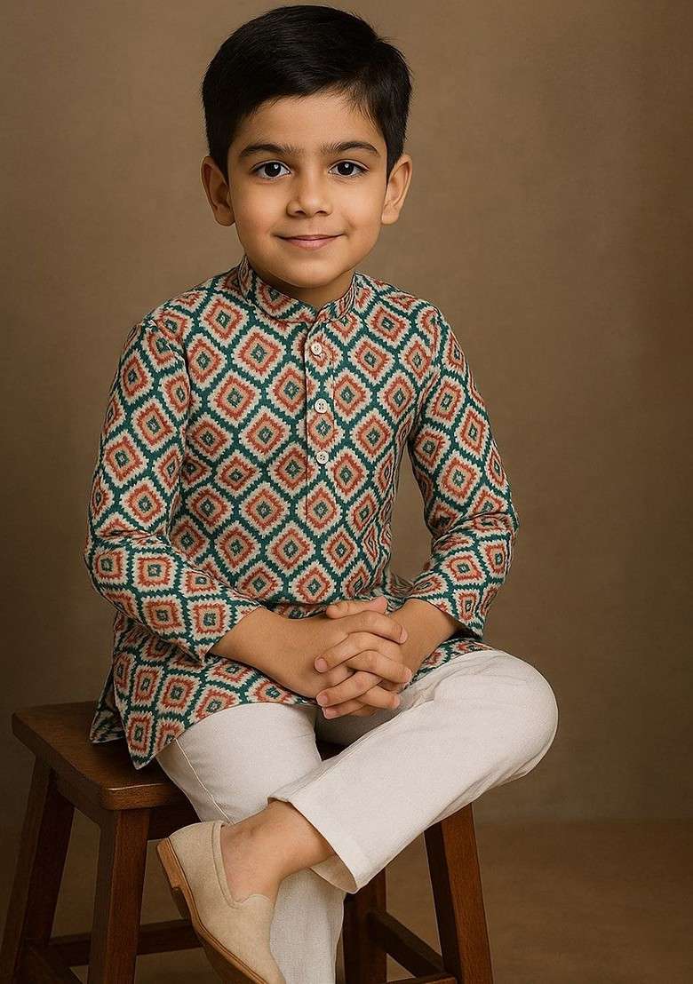 Red Printed Cotton Kurta Set For Boys - Indya