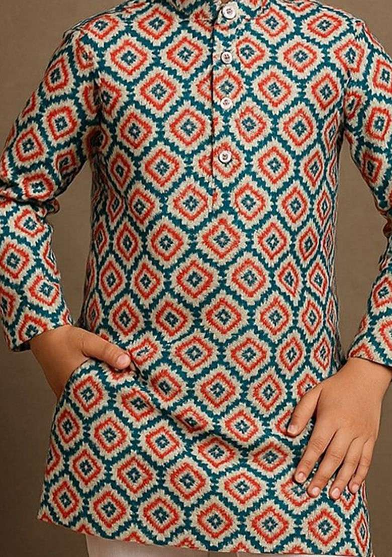 Red Printed Cotton Kurta Set For Boys - Indya