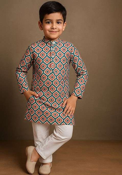 Red Printed Cotton Kurta Set For Boys
