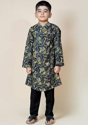 Black Printed Cotton Kurta Set For Boys
