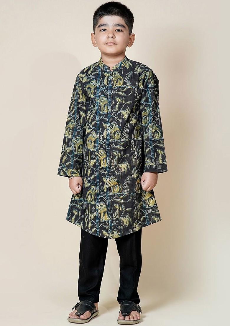 Black Printed Cotton Kurta Set For Boys - Indya