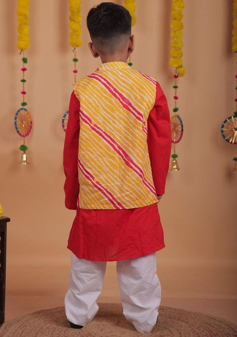 Yellow Striped Cotton Nehru Jacket Set For Boys - Indya