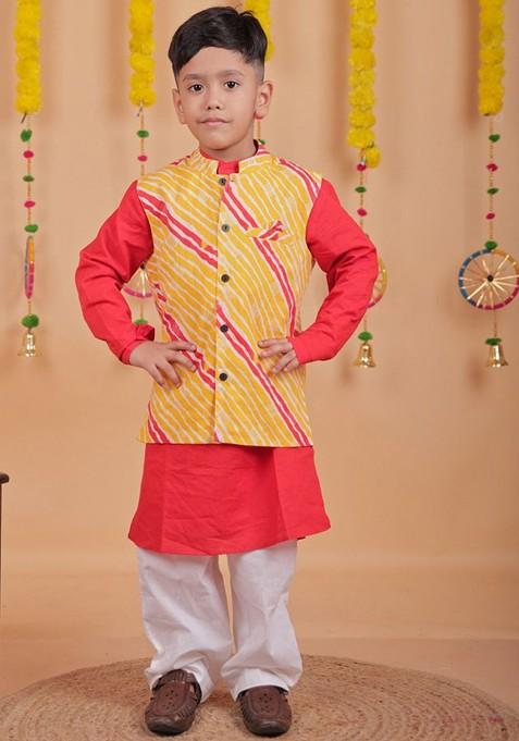Yellow Striped Cotton Nehru Jacket Set For Boys