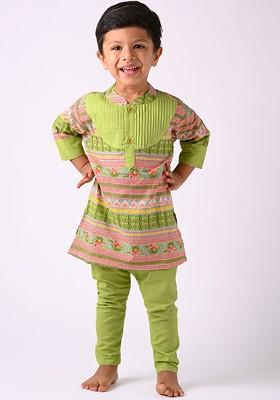 Green Printed Cotton Kurta Set For Boys