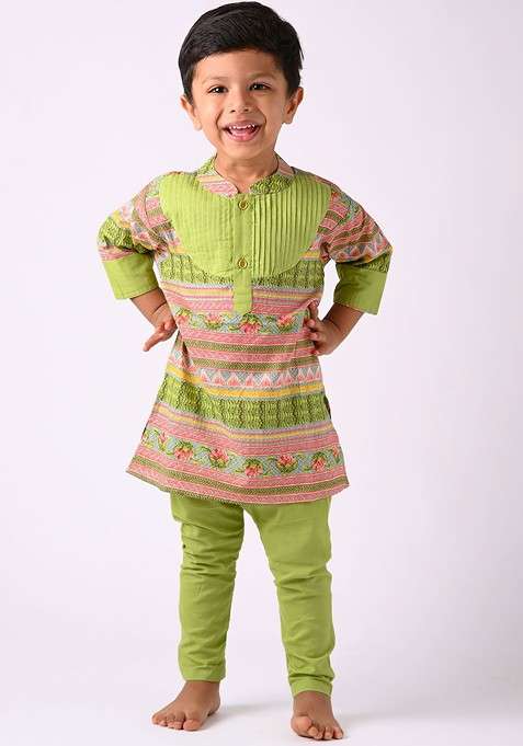 Green Printed Cotton Kurta Set For Boys