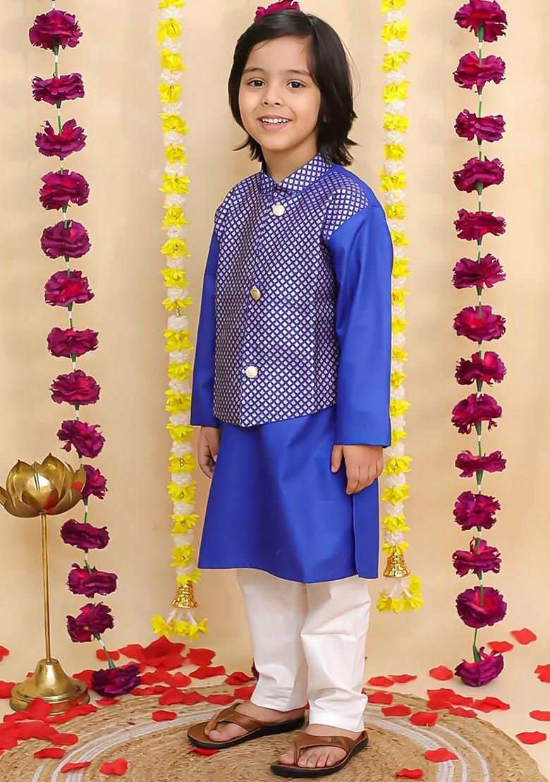 Blue Printed Blended Kurta Set For Boys - Indya