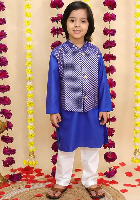 Blue Printed Blended Kurta Set For Boys